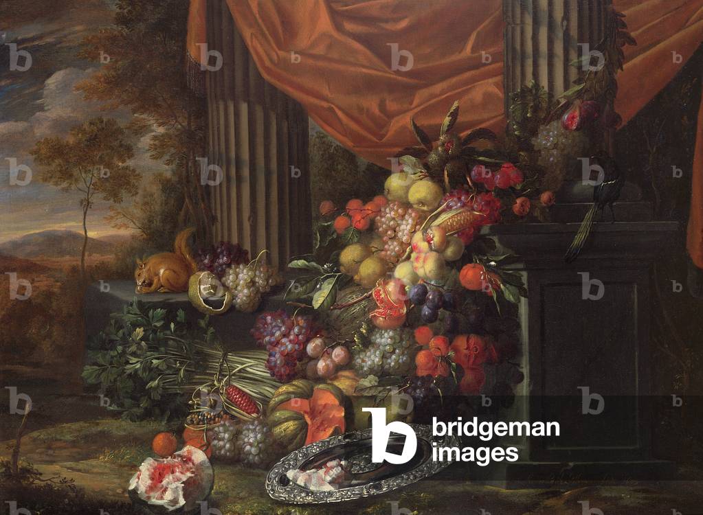 Still life of fruit in a landscape setting
