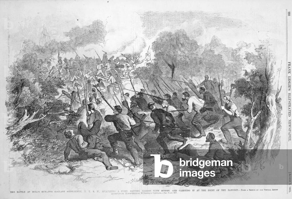 The Battle at Bull Run: The Gallant Sixty-Ninth N.Y.S.M. Assaulting a Rebel Battery Masked with Bushes and Carrying it at the Point of the Bayonet, from 'Frank Leslie's Illustrated Newspaper', August 3rd 1861 (engraving) (b&w photo)