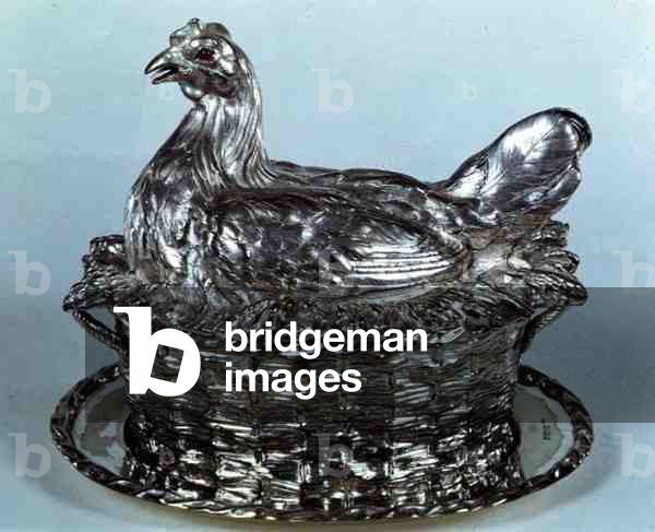 Electro-plated pie-dish in the shape of a hen, by Collis and Co., 1875