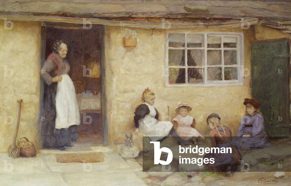 Children playing Dice by a Cottage (oil on canvas)