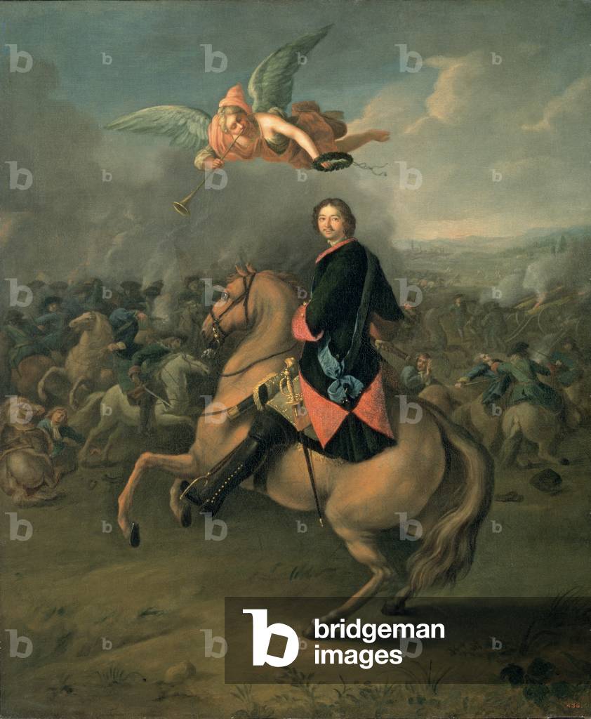 Portrait of Peter the Great against a background of the Battle of Poltava