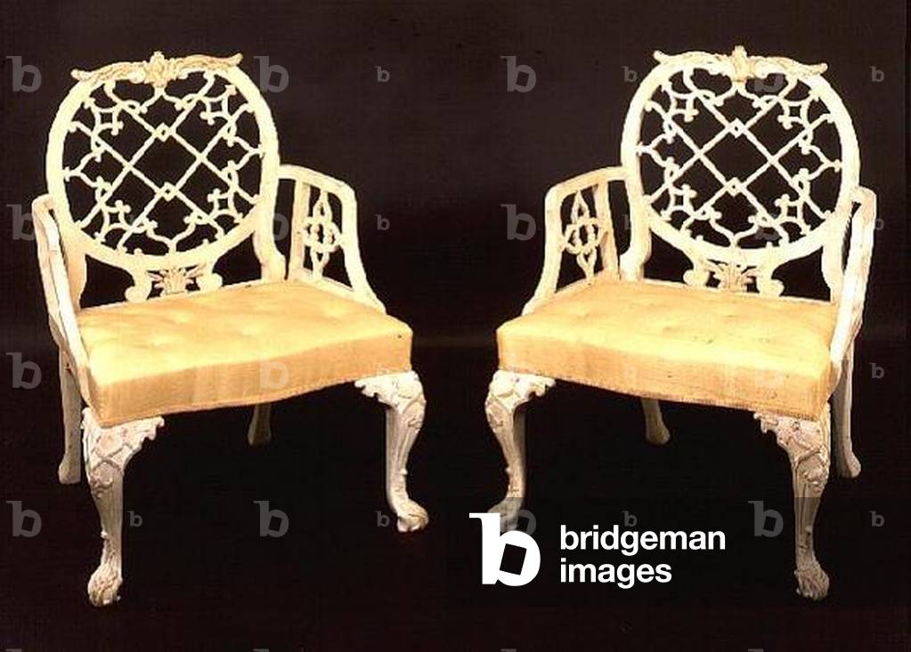 Pair of painted and carved armchairs, George III, late 18th century