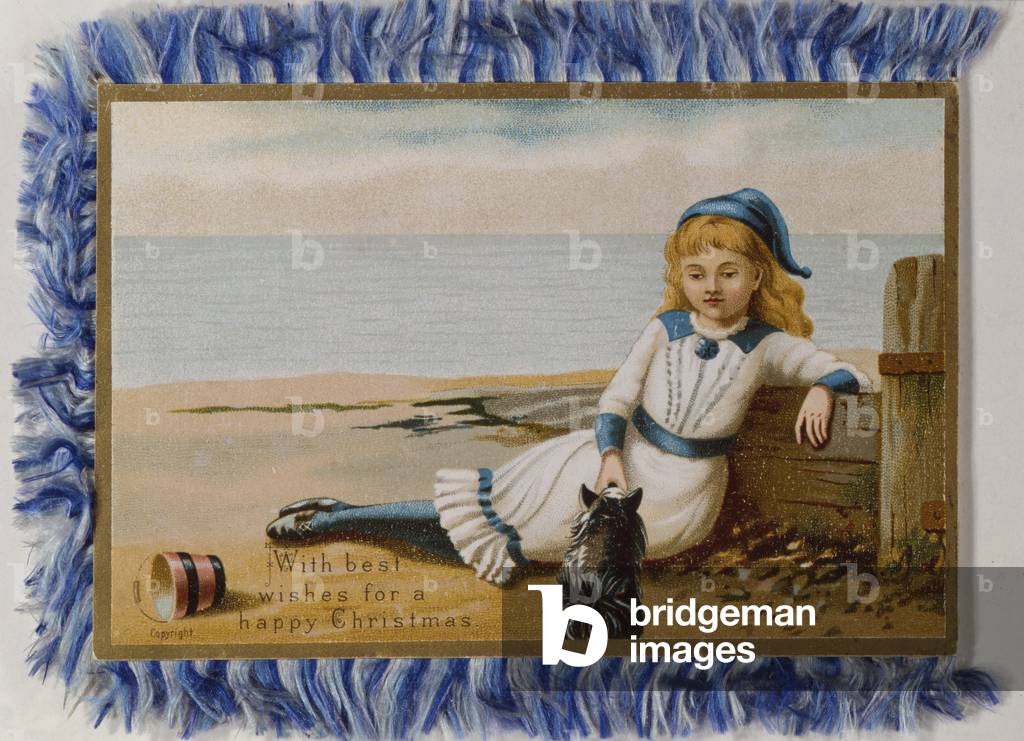 Young Girl with her Dog by the Sea, Victorian Christmas and New Year card (colour litho)