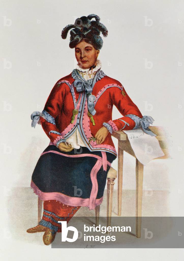 Tshusik, a Chippeway Woman, 1827, illustration from 'The Indian Tribes of North America, Vol.1', by Thomas L. McKenney and James Hall, pub. by John Grant (colour litho)