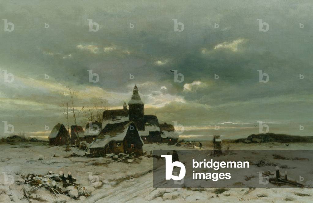 A Village in the Snow (oil on canvas)