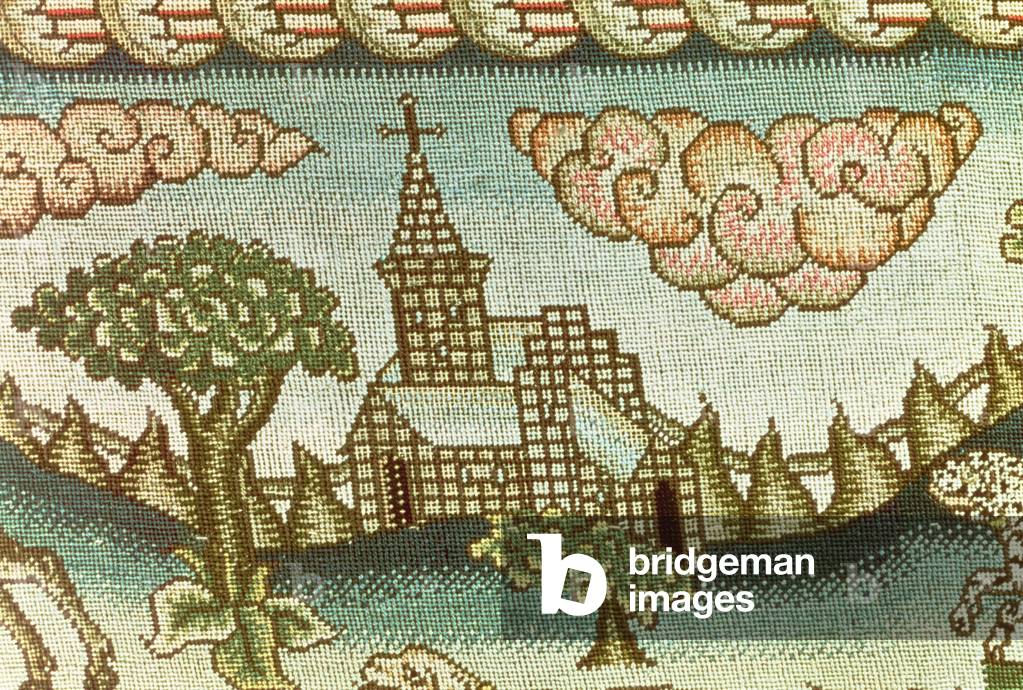 The Bradford Table Carpet, detail of a country church, embroidered on linen canvas in coloured silks, English, late 16th century