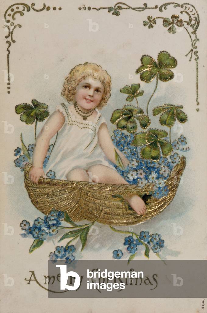 Child in a Basket with Flowers, Victorian Christmas postcard