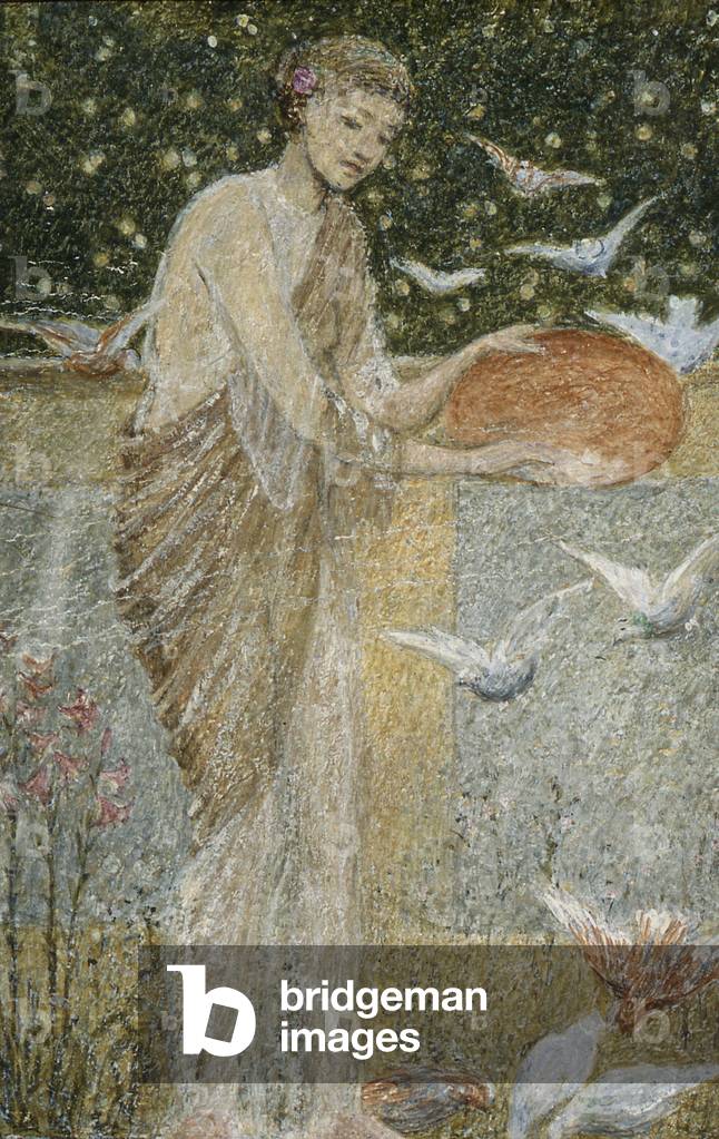 Girl feeding Pigeons. One of three sketches for the decoration of Bank Hall, near Chapel-en-le-Frith, Derbyshire
