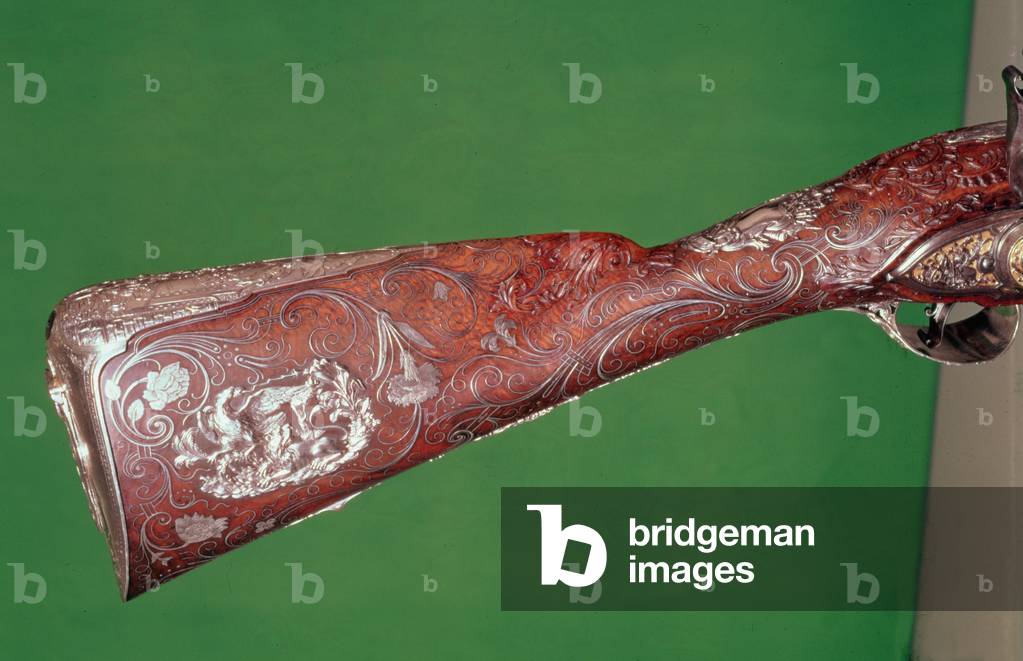 Air gun, walnut inlaid with silver, by J.G.Kolbe, c.1750 (separate details of stock and lock) (see also 120939)