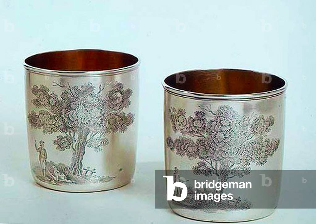 Beakers, George III, with coat of arms and unusual engraving of shooting scene, a pair, made by J.E. Edwards, 1812 (silver)