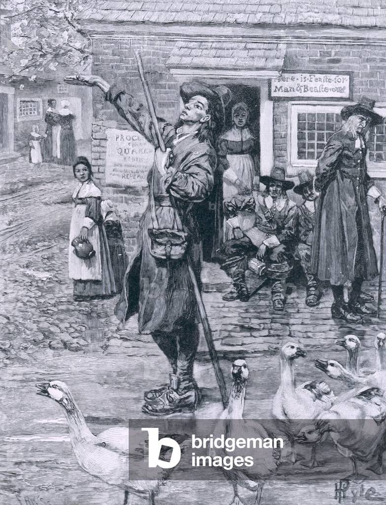 A Quaker Exhorter in New England, illustration from 'The Second Generation of Englishmen in America' by Thomas Wentworth Higginson, pub. in Harper's Magazine, 1883 (litho)