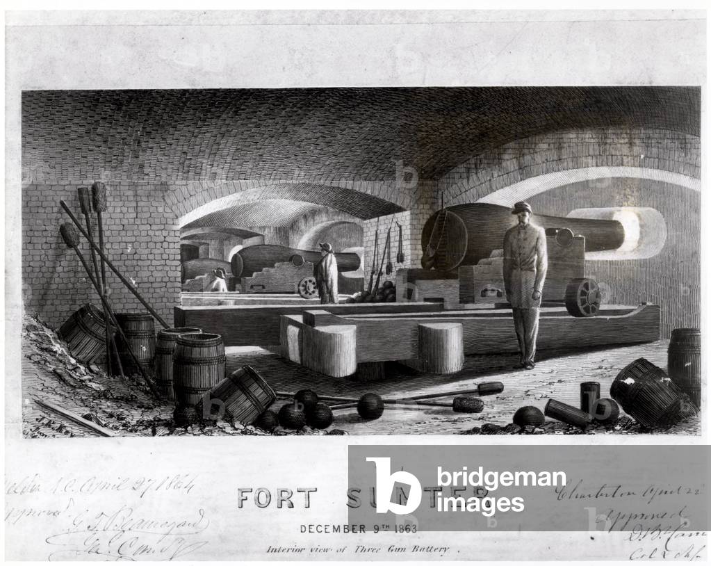 Fort Sumter, Interior View of Three Gun Battery, December 1863 (engraving) (b&w photo)