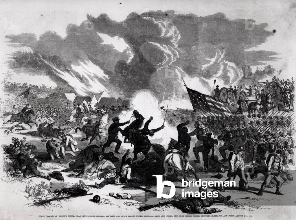 Great Battle at Wilson's Creek, near Springfield, Missouri, Between 5,500 Union Troops Under Generals Lyon and Siegel and 23,000 Rebels Under Generals McCulloch and Price, August 10th 1861, from 'Frank Leslie's Pictorial History', 1861 (engraving) (b&w photo)