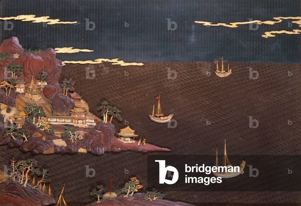 Tray with marine scene taken from a contemporary print, diaper work, c.1785 (lacquer)