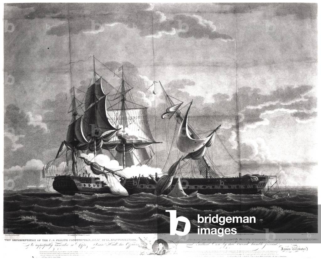 Representation of the US frigate, 'Constitution', Isaac Hull (1773-1843) Esq. Commander, Capturing His Britannic Majesty's Frigate, 'Guerriere', James R. Dacres, Esq. Commander, August 19th 1812, engraved by Cornelius Tiebout (c.1773-1832) (engraving) (b&w photo)