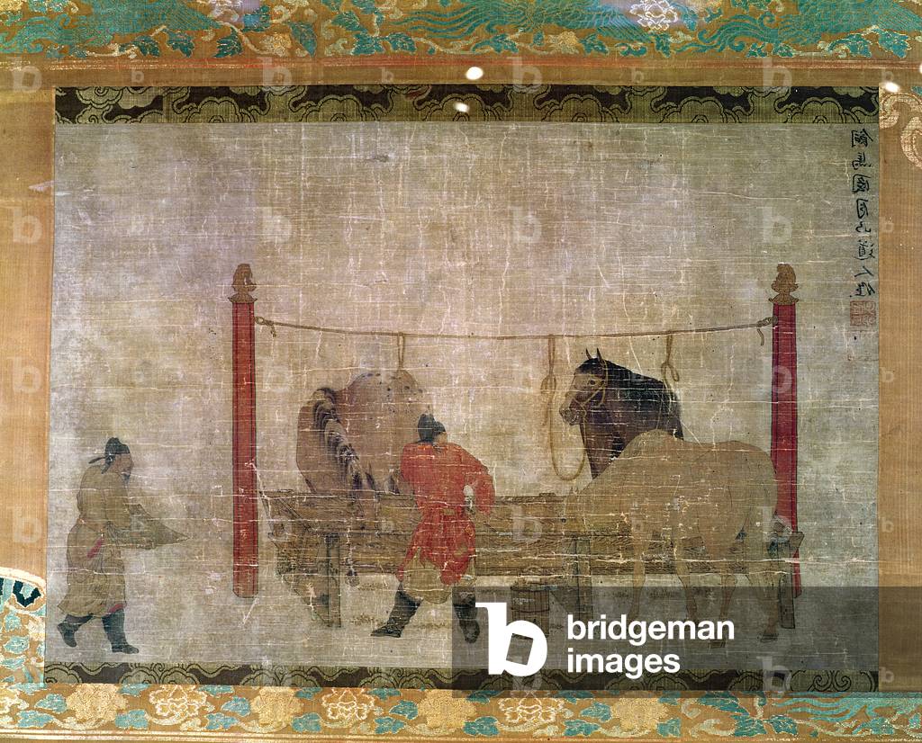 Appendere, raffigurante gli sposi che nutrono i cavalli, inchiostro e acquerello su seta, attribuito a Jen Jen