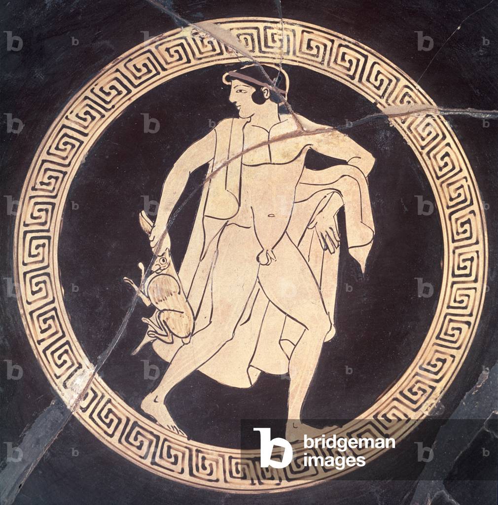 A hunter with a hare, detail from a red figured kylix, Greek, 5th century BC (ceramic)