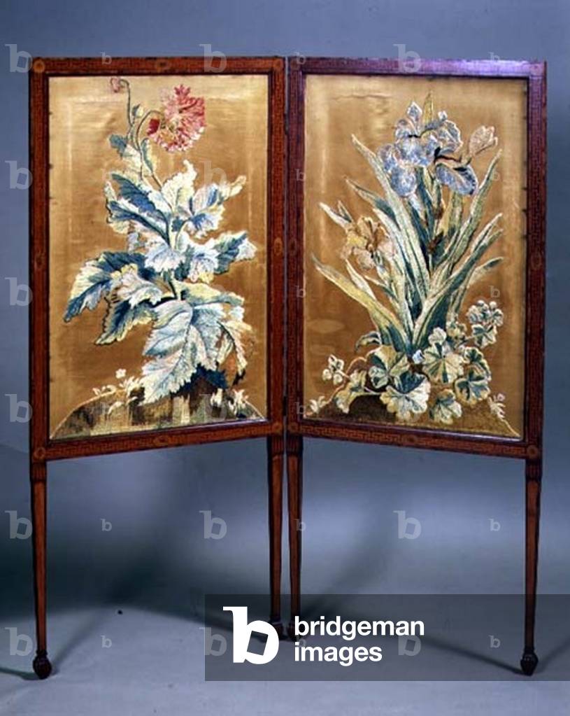 Embroidered Sheraton two-fold screen with satinwood inlay, late 18th century (textile and satinwood)