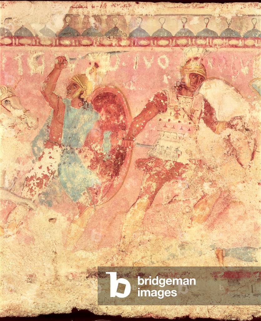 Amazons fighting a Greek warrior, side of a sarcophagus from Tarquinia, late 4th century BC (tempera on alabaster) (detail of 85168 and 85170)