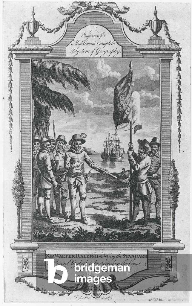 "Sir Walter Raleigh (1552-1618) bestellt die standard von königin elizabeth zu errichtet an der küste von virg