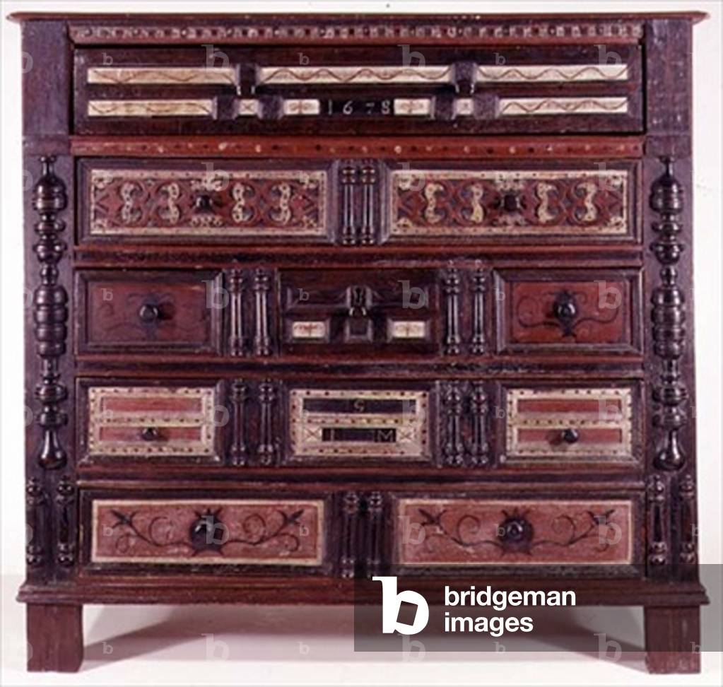 Chest of drawers, probably by Thomas Dennis, 1678 (carved and painted wood)