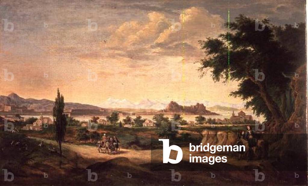 Figures with a Donkey, Corfu in the Distance (oil on canvas)