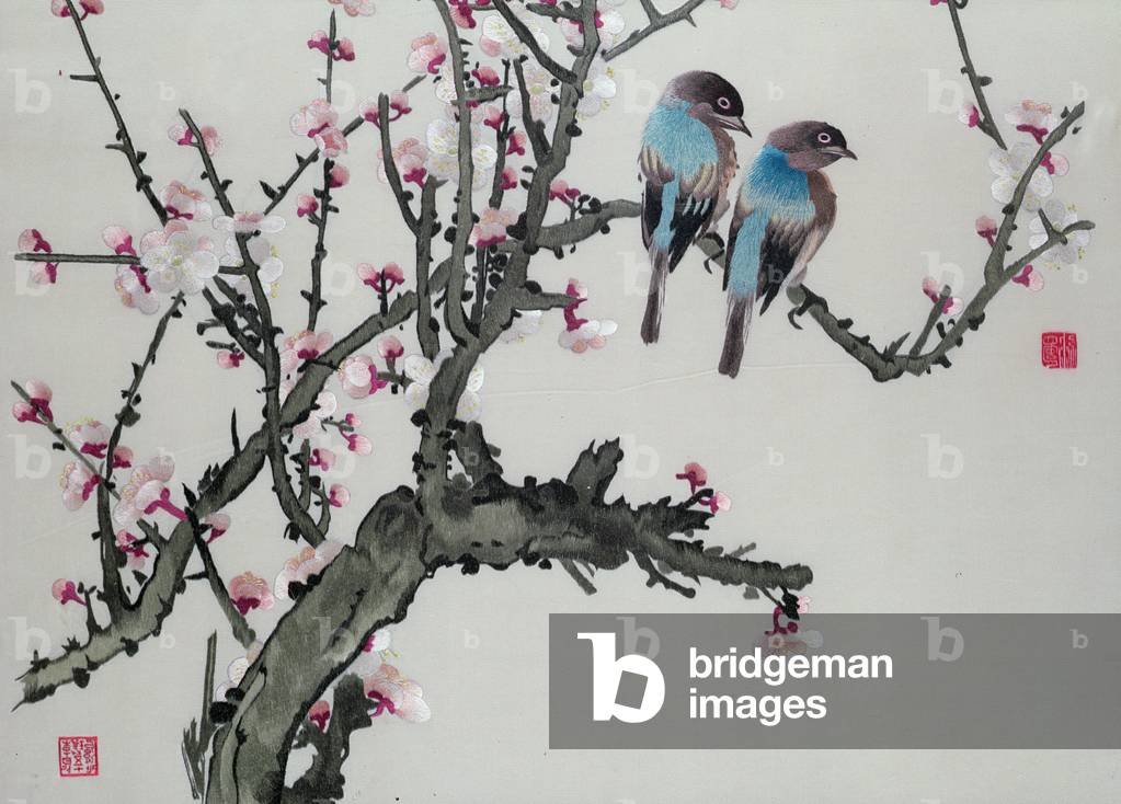Pair of birds on a cherry branch, Hunan region, Republic Period (1912-49) (hand embroidery)