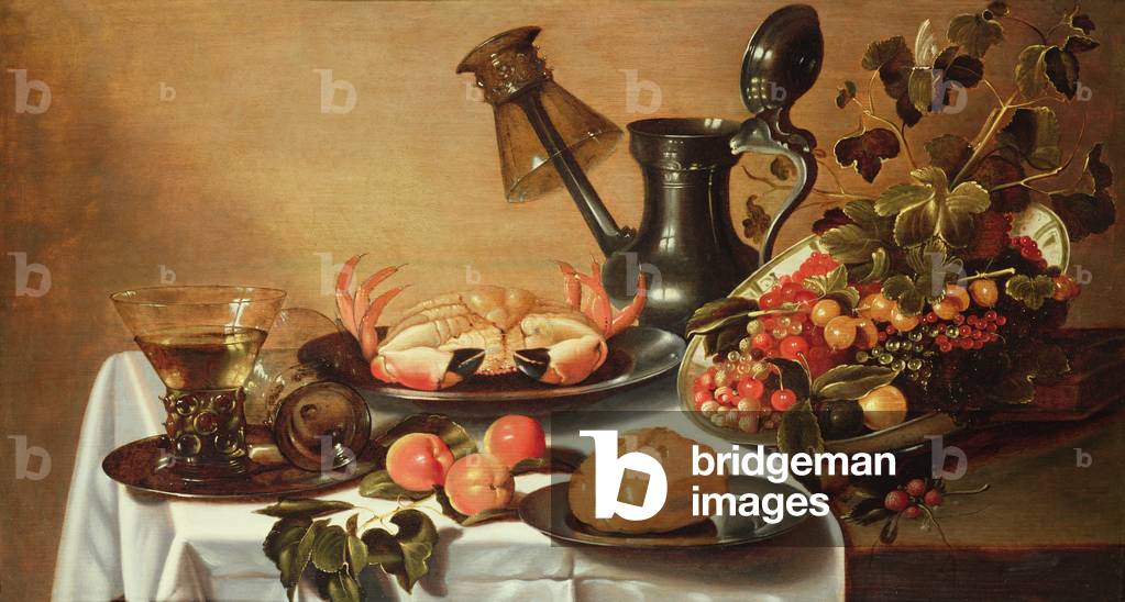 Still life of fruit with crab, overturned roehmer on spout of jug