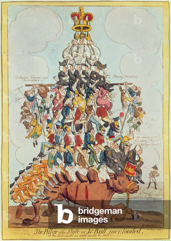 «The Pillar of the State, o John Bull Overloaded», dopo Cruikshank nel 1819, 1827 (incisione) (vedi 22565)