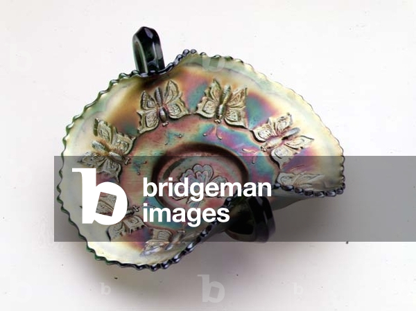 Bon-bon dish in pressed carnival glass with orange iridescence over a green glass base, Fenton Art Glass Company, c.1915
