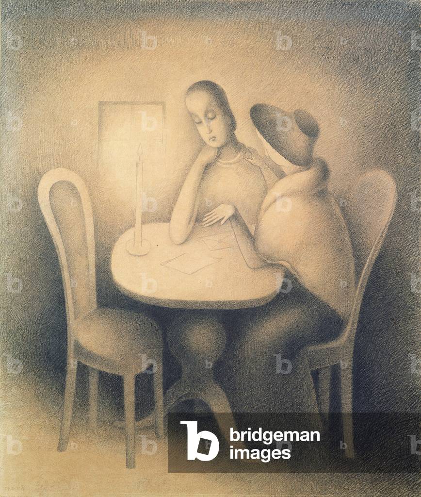 Two People sitting at a Table (drawing)