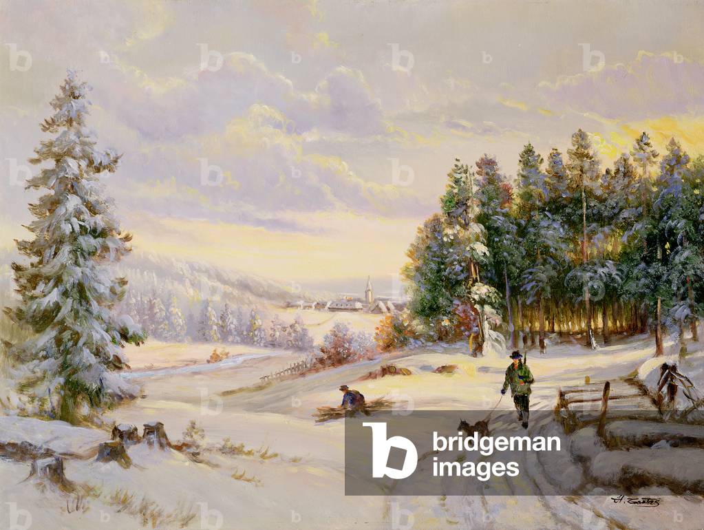 Cacciatore nella neve (olio su tela)