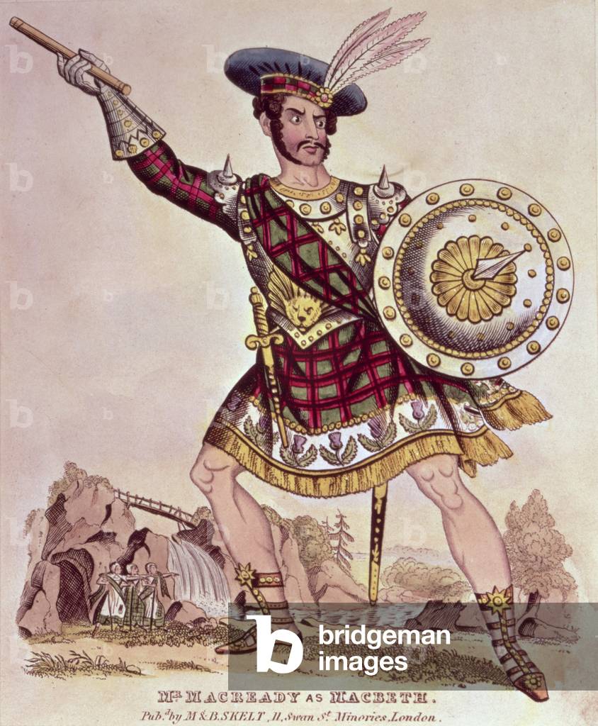 William Charles Macready as Macbeth, engraved by M and B Skelt (coloured engraving)