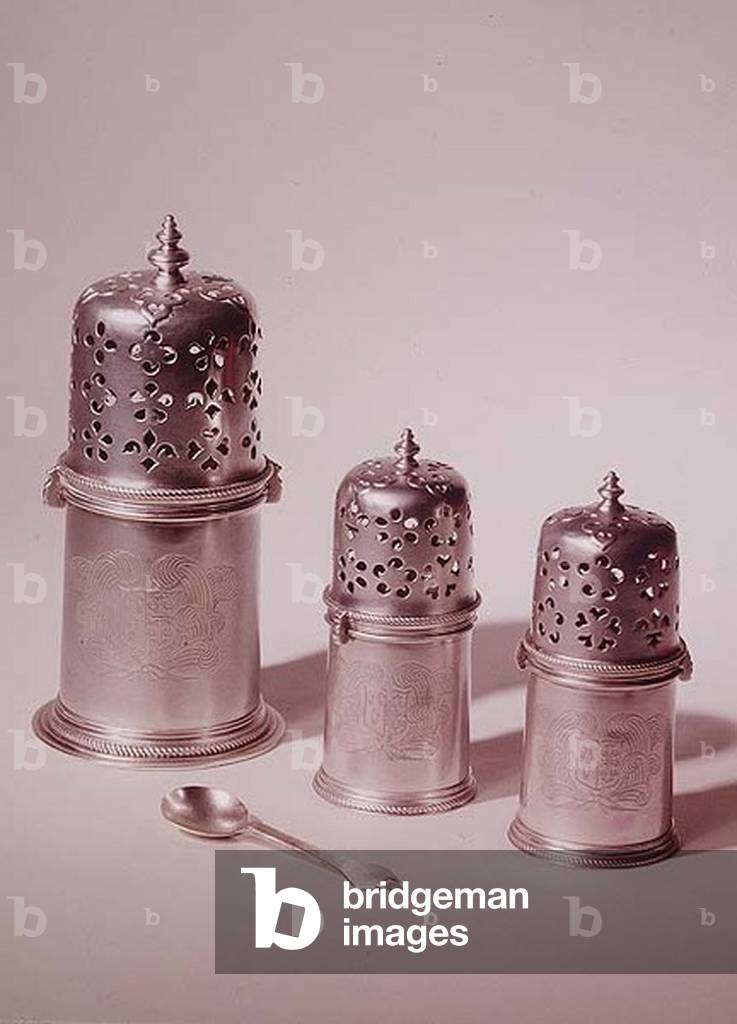 Set of three Charles II casters, by Francis Garthorne; trefoil mustard spoon; 1680-85 (silver)