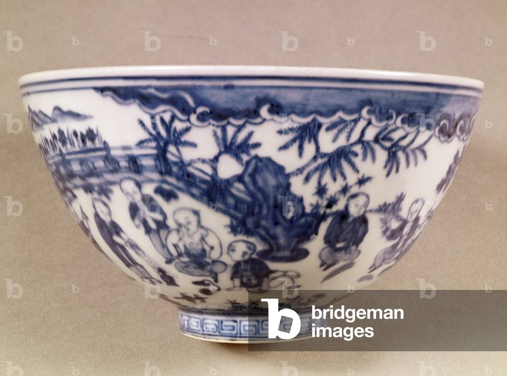 Blue and white bowl decorated with a landscape with figures, 1450-1500 (porcelain)