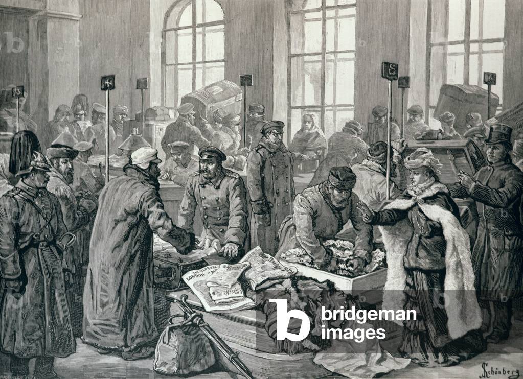 Custom House Officers Examining Passengers' Luggage from Germany, at Wirballen, on the Russian Frontier, from 'The Illustrated London News', 29th January 1887 (engraving)