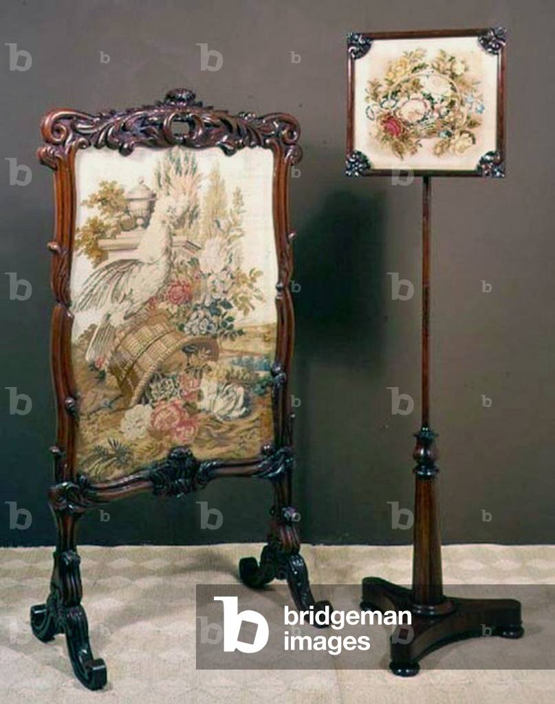 Firescreen and pole screen, with mahogany frames, c.1860