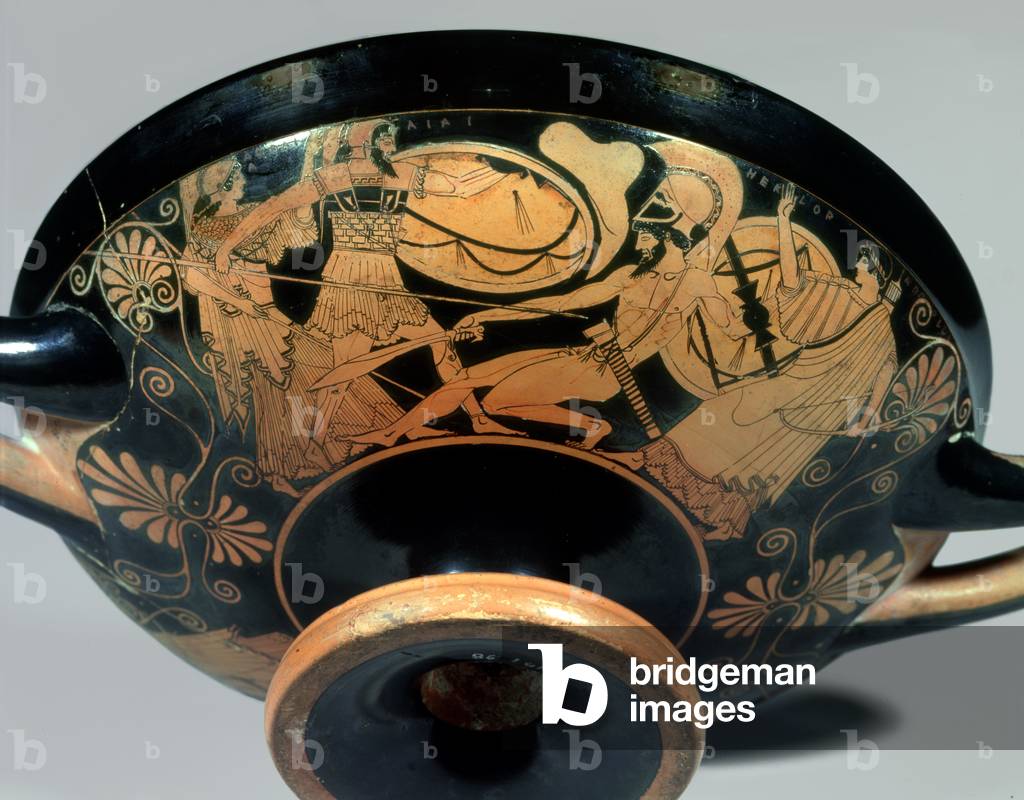 Ajax, urged on by Athena, attacks Hector to whose aid Artemis rushes, detail from the outside of an Attic red-figure cup (The Douris Cup), made by Kalliades, c.490 BC (pottery) (see also 85701, and 34129 for inside)