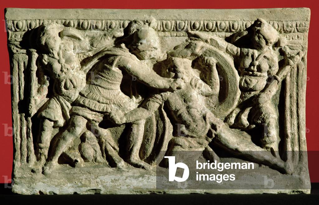 Battle scene from a cinerary urn, Etruscan (stone)