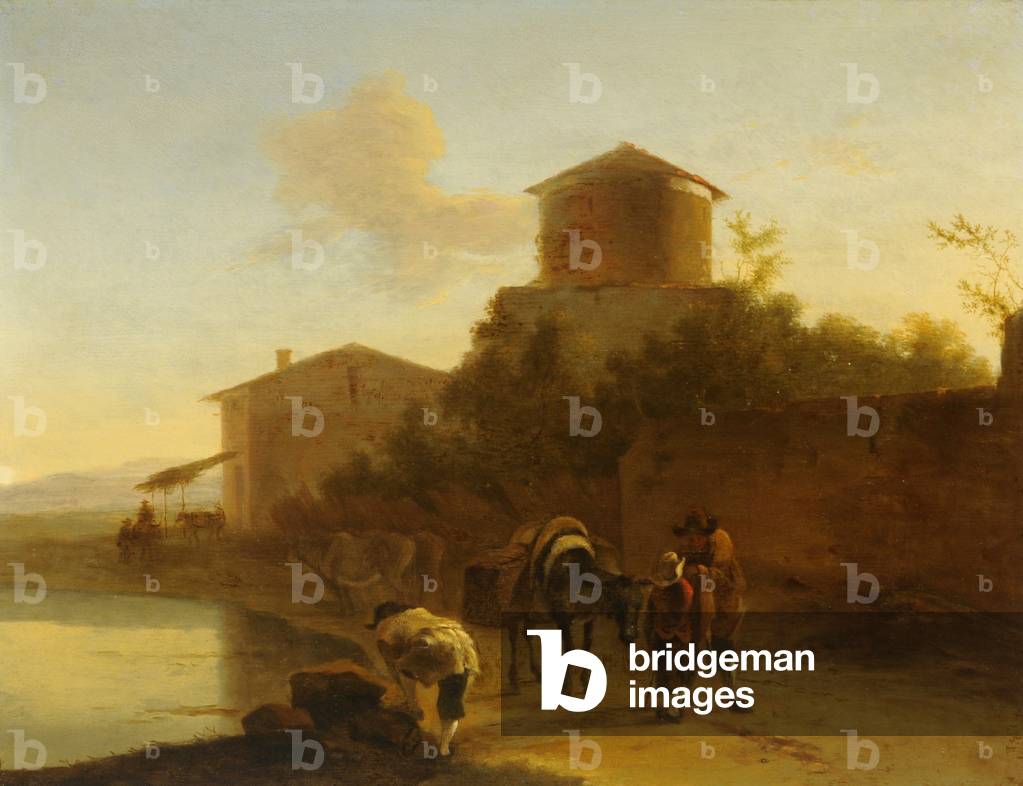 Landscape with tower and figures by a lake (oil on panel)