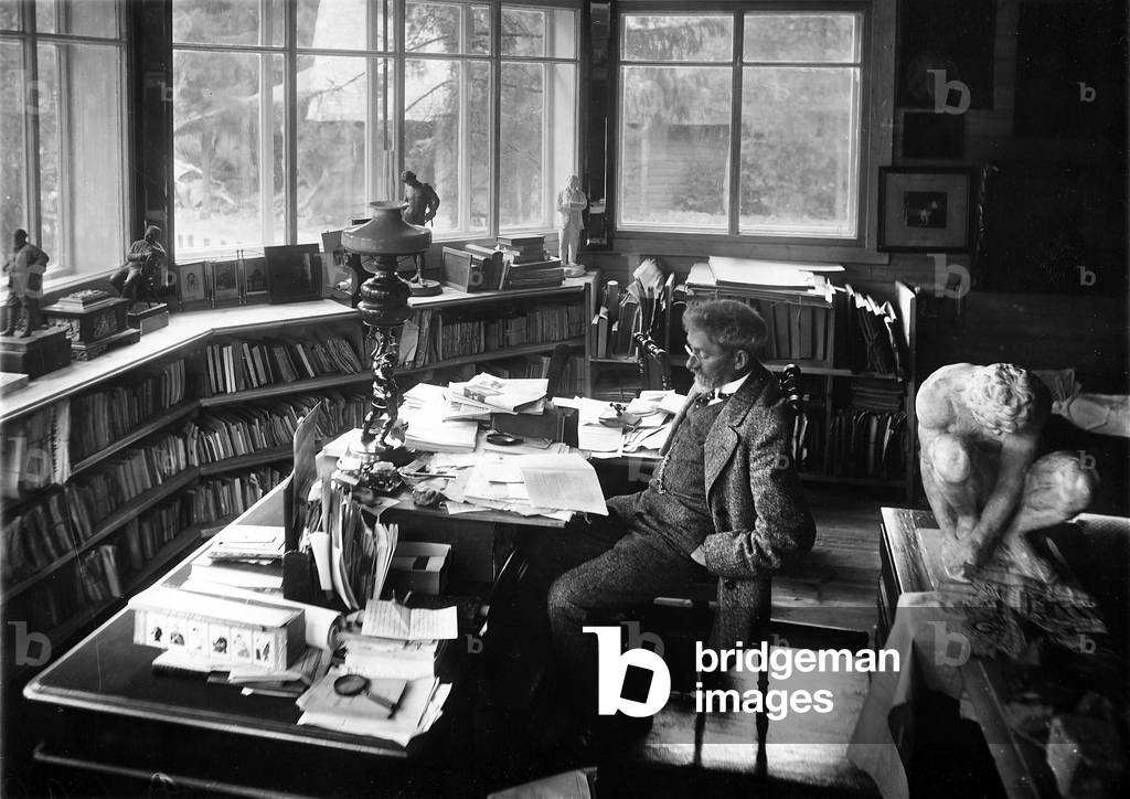 The artist Ilya Repin in the studio of his dacha, c.1913 (b/w photo)