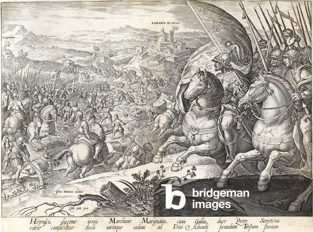 La battaglia di Labadia si Sena e San Aronda, piatto 3 da 'La storia dei Medici, inciso da Filippo Galle (1537