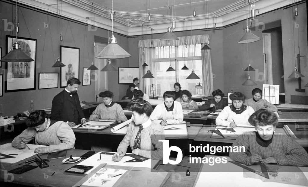 Architectural drawing class for women students in St. Petersburg (b/w photo)