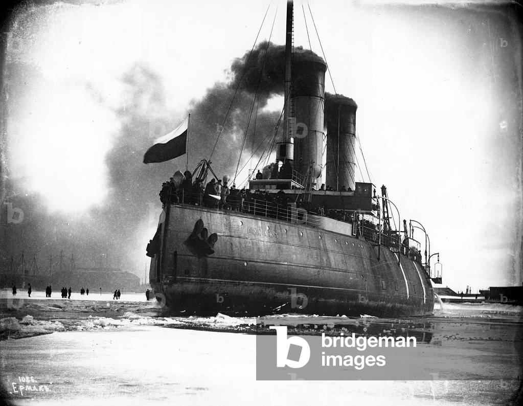 The Yermak ice-breaker arriving at Krondstad harbour, 1899 (b/w photo)