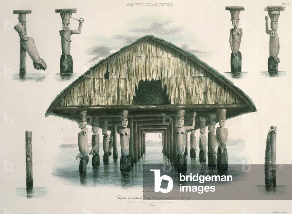 New Guinea: the facade and details of a sacred house built over water, from Doreri in the Papuan Gulf