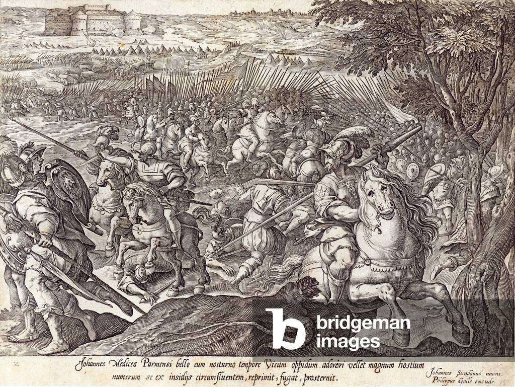 Giovanni de' Medici besiegt in Parma, Platte aus 'Die Geschichte der Medici ', graviert von Philip Galle (1537