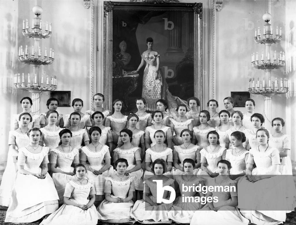 Pupils of the Smolny Institute dressed for dancing (b/w photo)