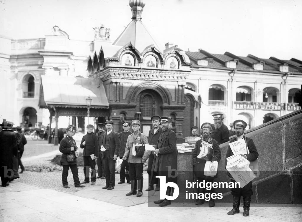 Newspaper Vendors on the steps of the Duma, St Petersburg, c.early C20th (b/w photo)