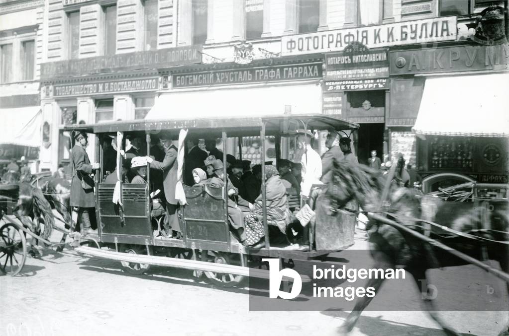Horse-drawn tram in St. Petersburg, 1900s (b/w photo)