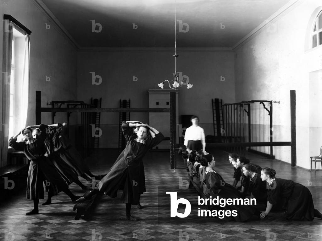 Exercise class in the gymnasium of the Smolny Institute, St. Petersburg (b/w photo)